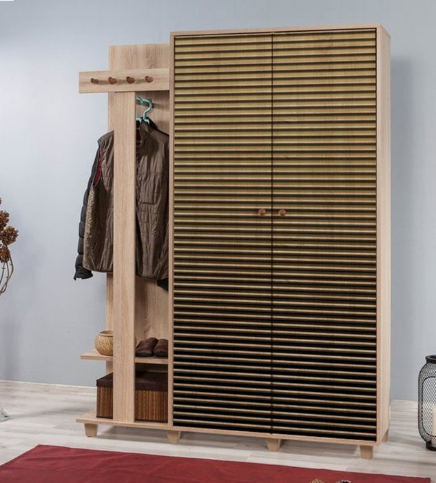 Hanah Home 135-220 Mueble de Entrada con Perchero y Estanterías, Roble Sonoma, Ancho 135cm x Alto 192cm x Fondo 36cm